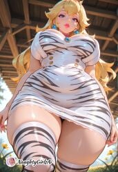 ai_generated animal_print big_breasts blonde_hair blue_eyes breasts cleavage crown dress earrings female from_below gloves jewelry large_breasts long_hair looking_at_viewer mario_(series) naughtygirlsai panties princess_peach solo sphere_earrings thighhighs thighs tiger_print underwear