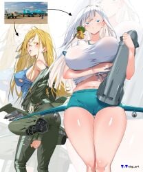 2girls absurd_res absurd_resolution absurdres airplane angry ass belly belly_button big_breasts bird blue_eyes blush booty_shorts breasts cameltoe cigarette color colored commission emotionless expressionless female female_only high_res high_resolution highres humanization looking_ahead looking_at_viewer looking_down_at_viewer massive_boobs massive_breasts nipple_bulge nisp_art original pants pussy red_eyes ripped_clothing ripped_pants ripped_shirt sideboob smoke smoking stomach tanktop thick_thighs tight_pants tshirt tummy white_eyelashes white_hair yellow_eyelashes yellow_hair