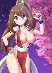absurdres alternate_breast_size blue_eyes blush breasts brown_hair cleavage closed_mouth commentary_request cosplay cowboy_shot els_(ljhlee12) eyelashes falling_petals fatal_fury female hand_on_own_hip hand_up high_ponytail highres huge_breasts index_finger_raised long_hair mai_shiranui mai_shiranui_(cosplay) may_(pokemon) night nintendo no_bra no_panties no_underwear outdoors pelvic_curtain petals pokemon pokemon_rse ponytail revealing_clothes shiny_skin shiranui_mai shiranui_mai_(cosplay) sideboob silf sky smile solo tree