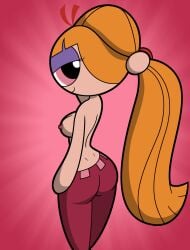 1girls aged_up artstyle_imitation ass back bigtyme blossom_(powerpuff_girls) bow bracelet closed_mouth eyelashes female female_only from_behind hair_bow half-closed_eyes human human_only light-skinned_female light_skin long_hair looking_at_viewer looking_back nipples orange_hair pale-skinned_female pale_skin pants pink_background pink_eyes ponytail powerpuff_girls red_hair smile smiling_at_viewer solo standing superheroine tank_top_removed theedministrator765 topless topless_female weird