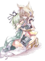 2girls blush bottomless breasts brown_hair cis_(carcharias) dress earmuffs female ghost_tail green_dress green_eyes green_hair hat multiple_girls nipples open_mouth pussy_juice short_hair soga_no_tojiko sweat tate_eboshi tear touhou toyosatomimi_no_miko yuri