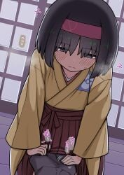 ... 1boy 1girl absurdres black_hair blush breath brown_hakama closed_mouth commentary_request dark-skinned_male dark_skin erika_(pokemon) erika_(pokemon_frlg) fingering grey_eyes gym_leader hairband hakama hakama_skirt half-closed_eyes hand_under_clothes hand_under_skirt hetero highres japanese_clothes kimono leaning_forward long_sleeves pokemon pokemon_firered_and_leafgreen short_hair skirt spoken_ellipsis sweatdrop togeimeizin yellow_kimono