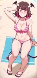 ai_generated aianonguy beach bikini demon dross_(style) haru_(aianonguy) horns looking_at_viewer sandals self_upload striped_panties succubus