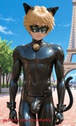 1boy adrien_agreste ai_generated black_suit blonde_hair bulge cat_noir chat_noir domino_mask eiffel_tower france green_eyes male male_focus miraculous:_tales_of_ladybug_and_cat_noir miraculous_ladybug paris solo_male vraiphenix