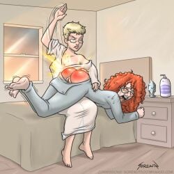 anus ass barefoot bed bedhead bedroom big_breasts breasts butt_crack buttplug crying crying_with_eyes_closed curly_hair dawn dorm dorm_room dormitory drop_seat_pajamas female floofy_hair glasses hairless_pussy lube lube_bottle lubricant nightgown nightstand pussy red_hair small_breasts sorenutz spanked spanked_ass spanked_butt spanking spanking_butt stern_expression