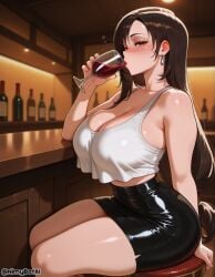 ai_generated alcohol bangs bar_(place) bar_stool bare_shoulders black_hair black_skirt blush bottle breasts brown_hair cleavage collarbone counter crop_top crop_top_overhang cup dangle_earrings drinking drinking_glass drunk earrings female final_fantasy final_fantasy_vii final_fantasy_vii_remake high_resolution highres holding holding_cup huge_breasts indoors jewelry large_breasts long_hair looking_at_viewer low-tied_long_hair midriff miniskirt nimybotai pencil_skirt red_eyes shiny_skin shirt sitting skirt solo stable_diffusion stool tank_top thick_thighs thighs tifa_lockhart white_tank_top wine wine_glass