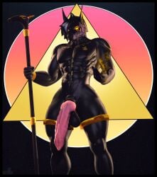 3d_(artwork) abs anthro anubian anubian_jackal anubis armada_(artist) balls big_penis black_body black_border black_hair black_skin border bracelet canid canine canis deity digital_media_(artwork) ear_piercing ear_ring egyptian egyptian_god egyptian_mythology garry's_mod genitals hair hoop_ear_ring jackal jewelry long_penis male mammal markings middle_eastern_mythology muscular muscular_anthro muscular_male mythology penis piercing ring_piercing solo staff thick_thighs yellow_eyes