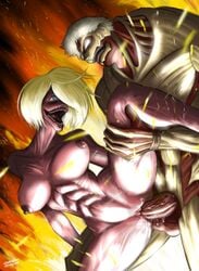 1boy 1girls annie_leonhardt armored_titan attack_on_titan blonde_hair blue_eyes breasts female female_titan giant giantess howardkhor male nude penis reiner_braun shingeki_no_kyojin tagme vaginal_penetration