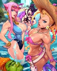 1boy 4girls asian big_breasts bikini blanka blonde_hair blue_eyes brunette brunette_hair cammy_white cleavage detailed_background earrings flower_earrings gold_earrings green_skin juri_han light-skinned_female long_hair manon_legrand multicolored_hair multiple_girls pink_eyes pink_hair red_hair reiq spider spider_print street_fighter street_fighter_6 sunglasses tanned tanned_female tanned_skin water water_gun waterfall