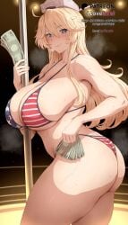 1girls ai_generated american_flag_bikini american_flag_print ass banknote bare_shoulders bikini blonde_hair blue_eyes blush breasts cleavage closed_mouth collarbone cowboy_shot female flag_print from_side hair_between_eyes headgear holding holding_money huge_breasts iowa_(kancolle) iowa_(kantai_collection) kantai_collection large_breasts long_hair looking_at_viewer lovehent money pole pole_dancing prostitution sideboob smile solo stage_lights standing star-shaped_pupils star_(symbol) stripper stripper_pole sweat swimsuit symbol-shaped_pupils thick_thighs thighs thong_bikini