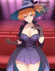 1girls ai_generated alternate_breast_size alternate_costume black_gloves blush breasts choker cleavage collarbone cowboy_shot dress female fishnet_gloves gloves green_eyes grin halloween halloween_costume hand_on_own_chest hat heart kasumi_(pokemon) lace_gloves large_breasts looking_at_viewer lovehent orange_hair pokemon pokemon_(anime) pokemon_dppt pokemon_journeys pokemon_rgby pokemon_xy purple_dress short_hair side_ponytail smile solo standing teeth thighs witch witch_hat