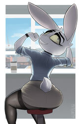 1boy ass big_ass bunny bunny_ears bunny_tail crossdressing femboy furry high_thighs looking_at_viewer looking_back male male_only male_shortstack office rabbit skirt solo stretching tail texi_(yitexity) yitexity