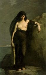 ancient_greece ancient_history charles_mengin cliff depressed depressing european_mythology female fine_art greek_mythology history imminent_suicide mythology painting_(artwork) public_domain sappho straight_hair topless traditional_art tragedy