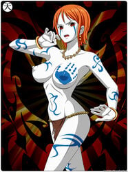 breasts color female female_only hair handprint human nami nipples one_piece orange_hair pre-timeskip short_hair solo standing tagme tattoo tenzen topless