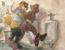 2boys anal anal_sex anthro anthro_on_anthro ass backsack balls bathroom brown_balls brown_fur brown_hair canid canine clothed clothing cum cum_in_ass cum_inside duo erection eyewear footwear fur gay glasses hair hand_on_butt humanoid_penis looking_back male male_only male_penetrated male_penetrating mammal pants_down partially_clothed penetration penis public_restroom rat rodent sex shoes sicklyhypnos signature standing underwear urinal yaoi