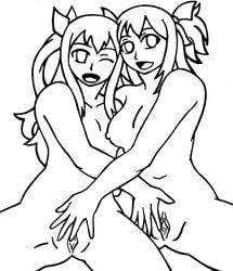 2girls chelia_blendy fairy_tail kyrios375 line_art monochrome mutual_masturbation nude pussy tagme wendy_marvell yuri