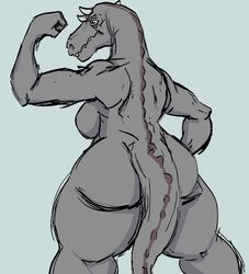 2017 anthro ass big_breasts big_butt breasts dinosaur exposed_breasts female guayo looking_back muscular scalie sideboob sketch solo standing