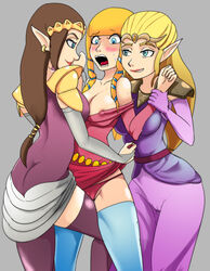 3girls ancestor_and_descendant armor blonde_hair blue_eyes blush breasts bridal_gauntlets cameltoe circlet cleavage demigoddess dress earrings erect_nipples female female_only femsub gloves goddess grey_background hair_tubes hylian hyrule_warriors imminent_rape leg_between_thighs low-tied_long_hair multiple_girls nintendo nipples ocarina_of_time okamisaga open_mouth panties pauldrons pointy_ears princess_dress princess_zelda simple_background skyward_sword smile smirk spaulders standing stockings sweat teenager the_legend_of_zelda thigh_against_crotch thighhighs time_paradox twilight_princess undressing voluptuous wulfsaga yuri zelda_(skyward_sword) zelda_(twilight_princess)