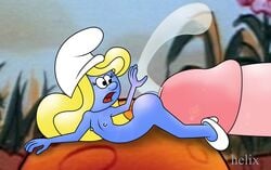 blonde_hair blue_body blue_skin breasts clothing cum female flat_chest forced giant helix larger_male macro macro/micro male male/female micro minigirl nipples partially_clothed penis rape size_difference small_breasts smaller_female smurfette tagme the_smurfs