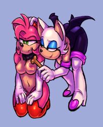 amy_rose bat collar color female female_only fur furry hand_on_head hedgehog interspecies kneeling mammal multiple_females namelessenemy pet_play petgirl rouge_the_bat sonic_(series)