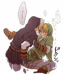 2boys anal_fingering artist_request belt black_hat black_shirt blonde_hair blush clenched_teeth closed_eyes dark_link dual_persona earrings elf erection gay green_hat green_shirt hat highres hylian jewelry link link_(ocarina_of_time) linkcest male male_only moaning multiple_boys multiple_males multiple_persona nintendo ocarina_of_time pointy_ears selfcest short silver_hair simple_background spread_legs the_legend_of_zelda torn_pants white_background yaoi