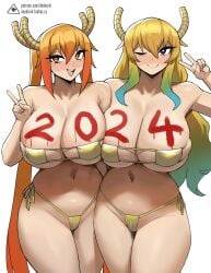 2girls bikini blonde_hair body_writing breasts cleavage donburikazoku dragon_girl dragon_horns female hi_res horns large_breasts light-skinned_female light_skin long_hair miss_kobayashi's_dragon_maid naughty_face new_year new_year_2024 quetzalcoatl_(dragon_maid) thick_thighs tohru_(dragon_maid)