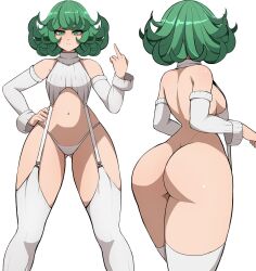 1girls ass breasts female female_only green_eyes green_hair lixiart looking_at_viewer one-punch_man pear-shaped_figure pear_shaped sideboob solo tatsumaki thighhighs thighs virgin_destroyer_sweater virgin_killer_sweater white_background