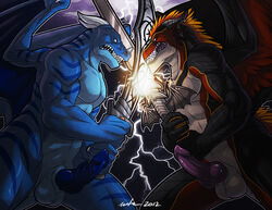 2012 abs anthro balls biceps big_balls big_muscles blue_body blue_dragon blue_penis body_markings claws combat dragon erection feathers horn knot lighting male male_only markings multiple_males muscles muscular muscular_anthro muscular_male nude pecs penis purple_penis reptile scalie slit standing sulfer sulferdragon sword tabra teeth weapon western_dragon wfa white_horns wings