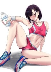 adult_swim armpits bare_shoulders bottle breasts covered_erect_nipples hair_behind_ear hair_ornament hairclip highres holding holding_bottle large_breasts medium_breasts mikazuki_shizuka navel one_eye_closed pink_shorts pink_sports_bra purple_hair short_hair shorts solo sports_bra sportswear sweat toonami water_bottle white_background xtermination zom_100_zombie_ni_naru_made_ni_shitai_100_no_koto