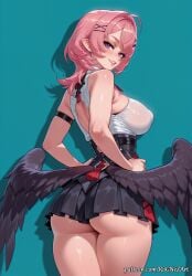 1girl 2026 ahoge ai_generated anime ass bangs bare_shoulders black_skirt black_wings blue_background blush boobs breasts buttocks cleavage covered_nipples crossover demon_wings eye_contact female female_focus flushed from_behind hair_accessory hair_ornament hairclip hands_on_hips highres hoyoverse huge_breasts large_breasts lips looking_at_viewer looking_back low_wings medium_hair mihoyo nsfw parted_lips patreon pink_hair pleated_skirt pointy_ears purple_eyes ramiel_(zenless_zone_zero) rognezart shiny shiny_skin shirt simple_background skirt sleeveless smile smiling solo thick_thighs thighs wings x_hair_ornament zenless_zone_zero