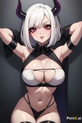 ai_generated armpits big_breasts bikini bonedwood female makeup pornx.ai pout simple_background succubus succubus_horns teasing