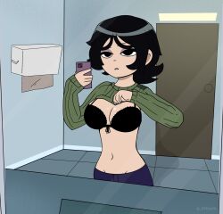 1girls ambyva black_eyes black_hair bra eyeshadow female holding_object hollie_hawkes mirror_selfie phone scott_pilgrim selfie short_hair solo solo_female sweater sweater_lift