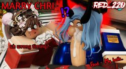 !? 3d artist_name balls big_breasts breasts christmas clothed cum cum_drip cum_in_mouth dialogue ejaculation english_text large_breasts large_penis penis penis_out red_(red_220) red_220 roblox robloxian source_request tagme text unexpected