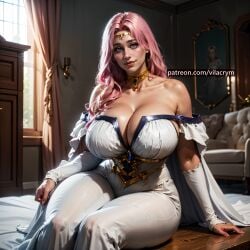 ai_generated big_breasts choker circlet cleavage curvy dress gigantic_breasts huge_breasts pink_eyes pink_hair realistic sephie_michaela_deviluke sitting stable_diffusion thick_thighs to_love-ru vilacrym white_dress wide_hips