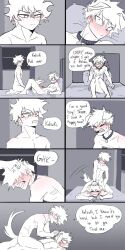 1:2 4_ears angry animal_humanoid blush bodily_fluids canid canid_humanoid canine canine_humanoid claws claws_out clothed clothing collar comic dialogue dog_humanoid duo english_text erection genital_fluids genitals growling hair heat hi_res human humanoid humanoid_genitalia humanoid_penis izuku_midoriya katsuki_bakugou lying male male/male mammal mammal_humanoid multi_ear my_hero_academia on_back oral penile penis precum pretty_werewolf punishment shaking shirt speech_bubble spiky_hair tail text tongue tongue_out topless topless_male topwear