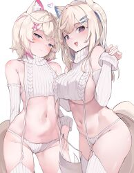 2girls belly belly_button blonde_hair breast_size_difference breasts dog_ears dog_girl female fuwamoco fuwawa_abyssgard hair_ornament hololive hololive_english hololive_english_-advent- hourglass_figure huge_breasts kemonomimi light-skinned_female light_skin long_hair mococo_abyssgard namiorii pear-shaped_figure pear_shaped short_hair sisters small_breasts streaked_hair tail thighs virgin_destroyer_sweater virtual_youtuber