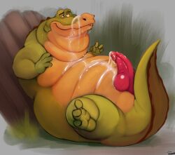 alligator alligatorid anthro anthro_only bodily_fluids crocodilian cum cum_on_chest cum_on_face cumshot disney ejaculation erection genital_fluids genitals hi_res looking_at_genitalia looking_at_penis looking_pleasured louis_(the_princess_and_the_frog) male male_only moobs nude nude_male overweight overweight_male penis reptile scalie solo the_princess_and_the_frog uniparasite