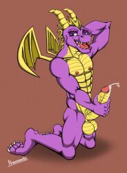 activision anthro balls big_penis bodily_fluids cum cumshot dragon ejaculation erection genital_fluids genitals hi_res holding_penis humanoid male markdeth muscular muscular_male nazuranoke penis scalie smile solo spyro spyro_reignited_trilogy spyro_the_dragon watermark wings