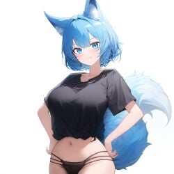 1girls agamou ai_generated aigbrea black_panties black_shirt blue_eyes blue_hair blush confident fang fox_ears fox_girl fox_tail hands_on_hips short_hair