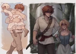 1boy 1girl 1girls annoyed ass_grab blonde_hair brown_hair bustier carrying carrying_partner childe_(genshin_impact) cleavage clothed dress english_text female genshin_impact lumine_(genshin_impact) male neck_grab no_sex nomi_owo orange_hair sfw shorter_female taller_male tartaglia_(genshin_impact) two_panel_image