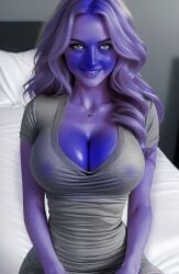 ai_generated big_breasts blonde_hair blue_skin blueberry blueberry_inflation breast_expansion breasts cleavage expansion grey_clothing grey_shirt hips inflation purple_skin