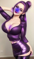 big_breasts big_breasts blue_skin blueberry blueberry_inflation breast_expansion breasts breasts cleavage expansion hips inflation purple_clothing purple_hair purple_shirt purple_skin purple_skirt skirt