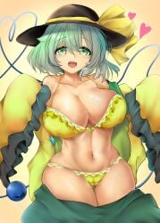 1girls 2d bare_shoulders belly belly_button big_breasts bra breasts closed_eye female green_eyes green_hair hat heart hips koishi_komeiji looking_at_viewer more_at_source open_mouth panties poke200 shirt shirt_down short_hair skirt skirt_down source thick_thighs thighs third_eye touhou underwear undressing wide_hips