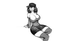 big_breasts creepette_holloway hat kheltari low_cut_top monochrome sitting sketch skirt smile sweater thick_thighs thighhighs