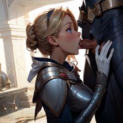 1girls ai_generated armor blonde_hair blowing blowjob blue_eyes bodysuit cape female hairband half-dressed hands_on_hips kneeling league_of_legends lips luxanna_crownguard penis penis_in_mouth sex short_hair ww132