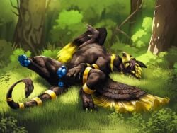 ass avian black body braclets bronze canid canine chest_up claws clearing_in_the_woods ear_piercing ear_ring feathers field genitals glade gold grass gryphon hole_(disambiguation) invalid_background legs lying lying_on_his_back mammal mythological_avian mythology nature on_back on_ground pawpads piercing plant pose pussy rear_view ring_piercing spreading wings