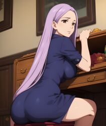 ai_generated back_view big_ass breasts brown_eyes dress female long_hair margaret_liones nanatsu_no_taizai purple_hair seven_deadly_sins sitting_on_chair