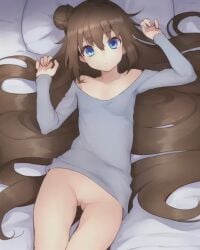 ai_generated bed bedroom blue_eyes blue_shirt bottomless brown_hair half-dressed half_naked laying_down laying_on_bed looking_at_viewer no_bra no_panties no_pants pussy pussy_visible shirt shirt_only