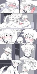 1:2 4_ears animal_humanoid blush bodily_fluids canid canid_humanoid canine canine_humanoid clothed clothing collar comic dazed dialogue dog_humanoid duo english_text erection fellatio genital_fluids genitals hair hi_res human humanoid humanoid_genitalia humanoid_penis izuku_midoriya katsuki_bakugou lying male male/male mammal mammal_humanoid multi_ear my_hero_academia on_back oral penile penis precum pretty_werewolf pubes raised_clothing raised_shirt raised_topwear sex shirt speech_bubble spiky_hair t-shirt text topless topwear