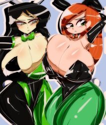 2023 2girls alternate_breast_size ass black_hair blue_background blush bowtie breasts bunny_ears bunnysuit disney disney_channel female female_only frown gloves green_eyes huge_breasts kim_possible kimberly_ann_possible kotarodayo1126 long_hair multiple_girls orange_hair shego thick_thighs white_skin wide_hips